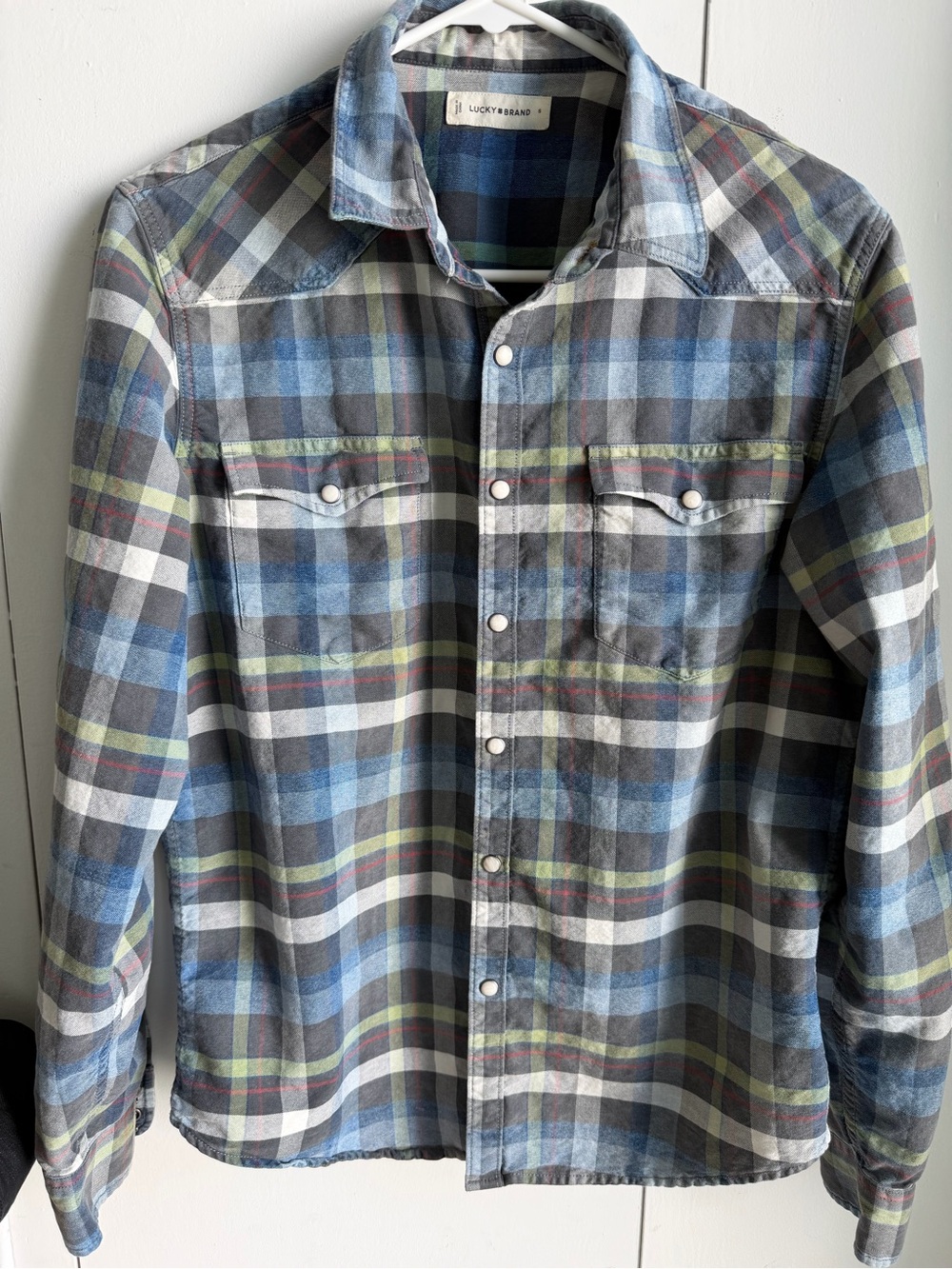 Lucky Brand Blue and Gray Plaid Snap-Front Shirt